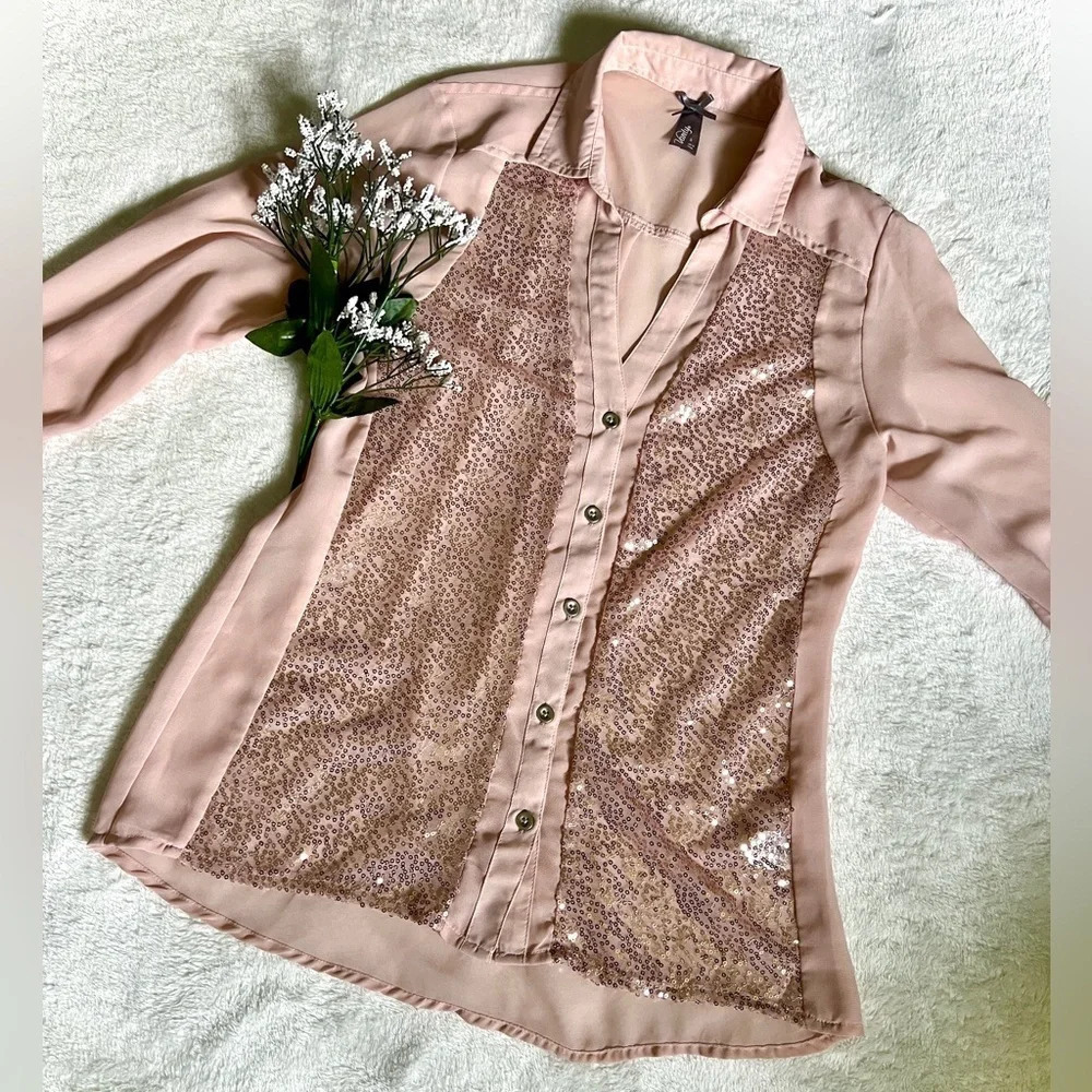 Vanity Soft Pink Sequin Sheer Blouse - Small
